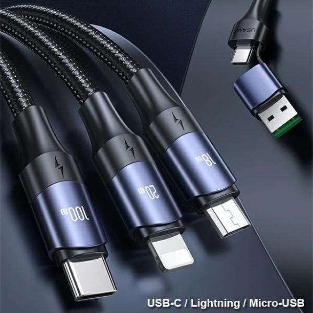 Кабель Usams US-SJ511 U71 FC 3-in-1 USB-A/USB-C to USB-C/Lightning/Micro-USB 6A 1.2m Black (SJ511USB01)