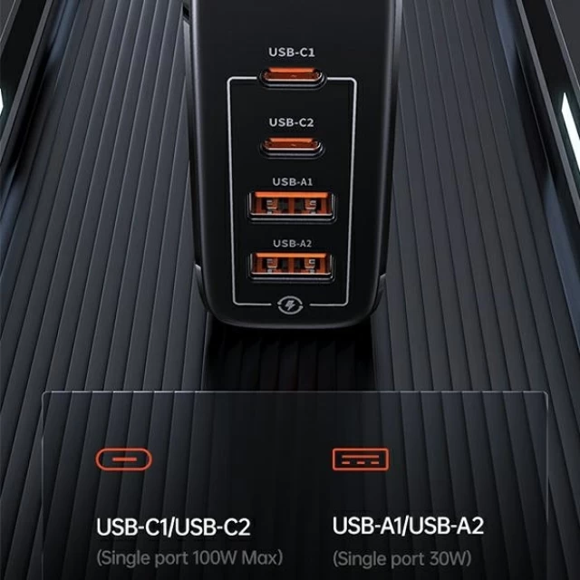Мережевий зарядний пристрій Usams US-CC145 T44 PD/FC/QC 100W 2xUSB-C | 2xUSB-A Black (CC145TC01)