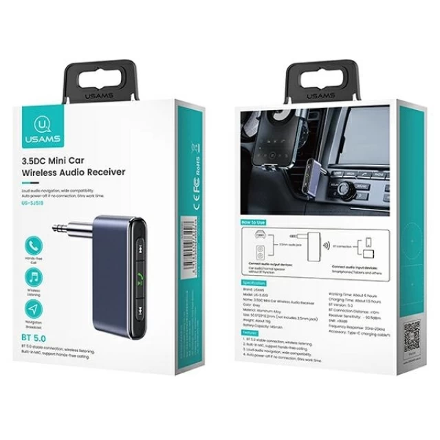 Аудиоадаптер Usams SJ519 Mini Car Wireless Audio 3.5mm Receiver BT5.0  Grey (SJ519JSQ01)