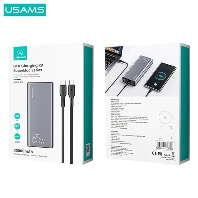Портативное зарядное устройство Usams PB59 Powerbank 65W 30000mAh 2xQC3.0/PD3.0/FC with USB-C to USB-C Cable Black (CMXLOGTC01)
