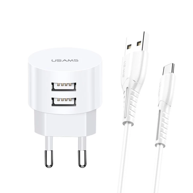 Мережевий зарядний пристрій Usams T20 2.1A 2xUSB-A White with USB-A to USB-C Cable (XTXLOGT18TC05)