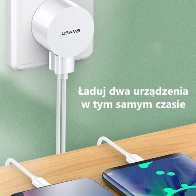 Мережевий зарядний пристрій Usams T20 2.1A 2xUSB-A White with USB-A to USB-C Cable (XTXLOGT18TC05)