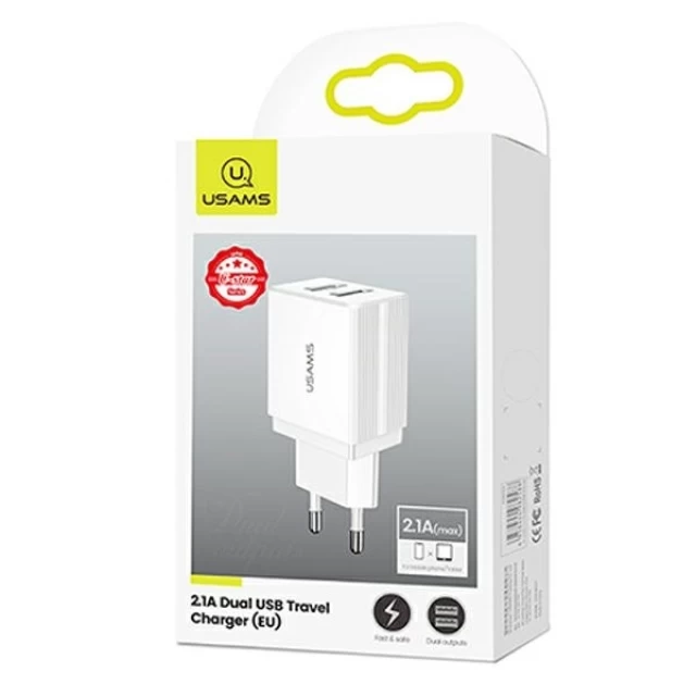 Мережевий зарядний пристрій Usams US-CC090 T24 2.1A 2xUSB-A White (CC90TC01)