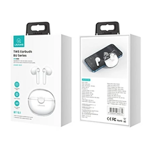 Бездротові навушники Usams BU Series TWS Bluetooth 5.1 White (BHUBU01)