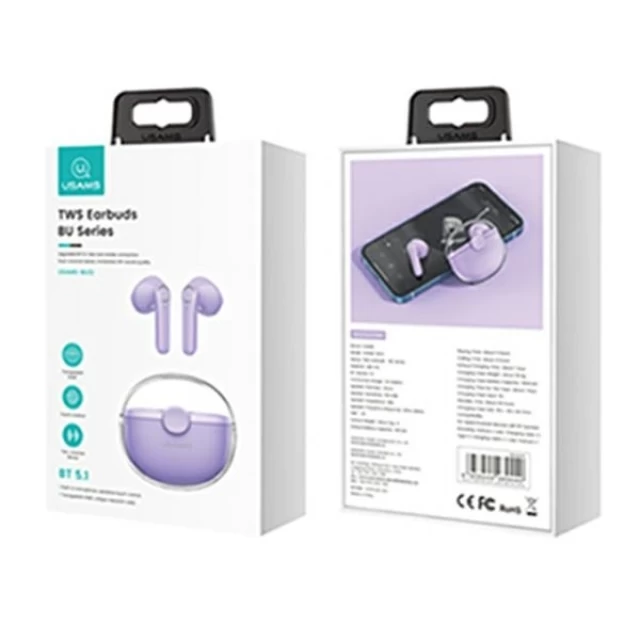 Беспроводные наушники Usams BU Series TWS Bluetooth 5.1 Purple (BHUBU02)