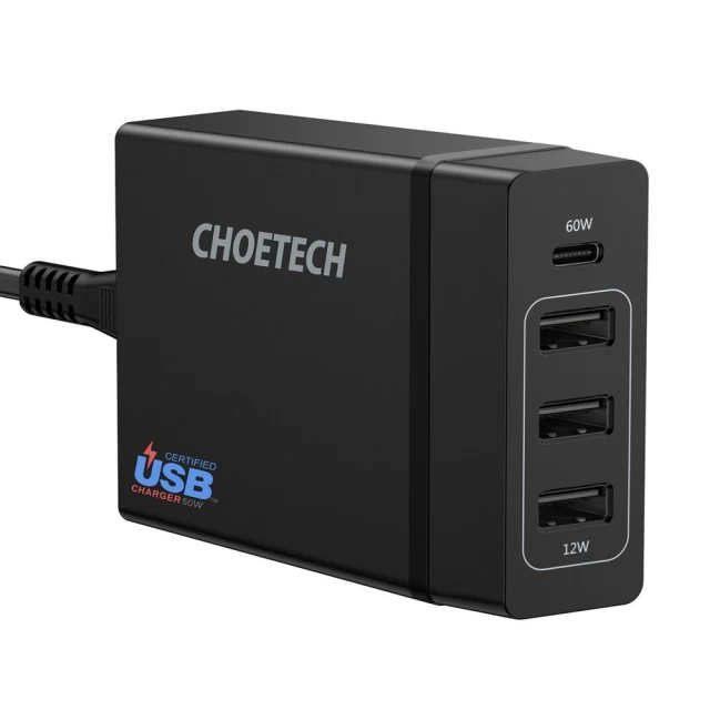 Мережевий зарядний пристрій Choetech Power Delivery 3xUSB-A/USB-C 60W Black (PD72-1C3U)