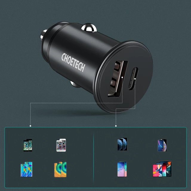 Автомобільний зарядний пристрій Choetech Quick Charge USB-A/USB-C 30W Black (TC0006)