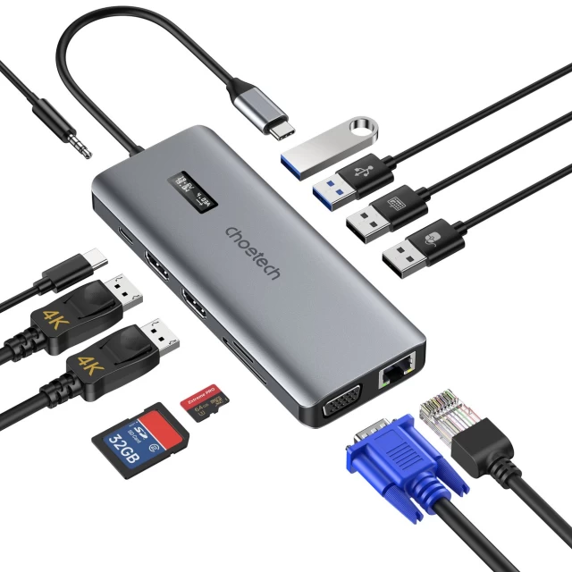 USB-хаб Choetech 12-in-1 USB-C to 4xUSB-A/Ethernet/VGA/SD/TF/2xHDMI/USB-C/3.5 mm Jack Grey (HUB-M26-GY)
