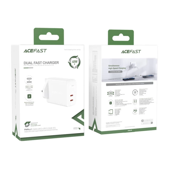 Мережевий зарядний пристрій Acefast A12 QC UK 40W 2xUSB-C White (A12 white)