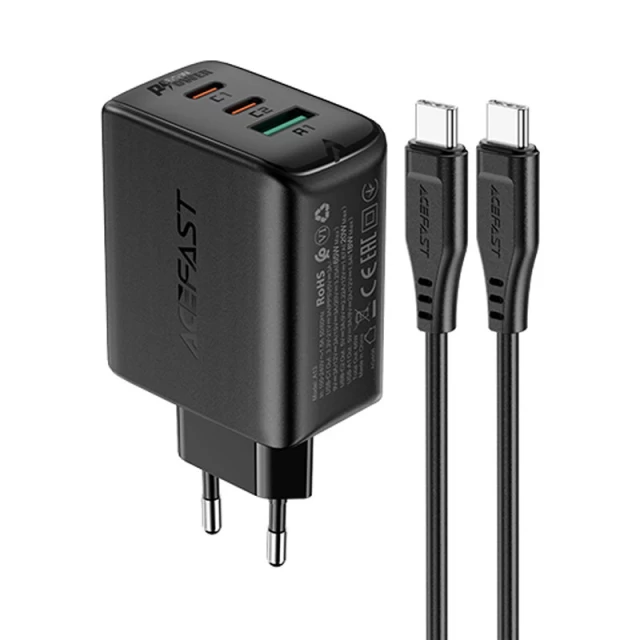 Мережевий зарядний пристрій Acefast A13 QC 65W 2xUSB-C | USB-A with USB-C to USB-C Cable Black (A13 black)