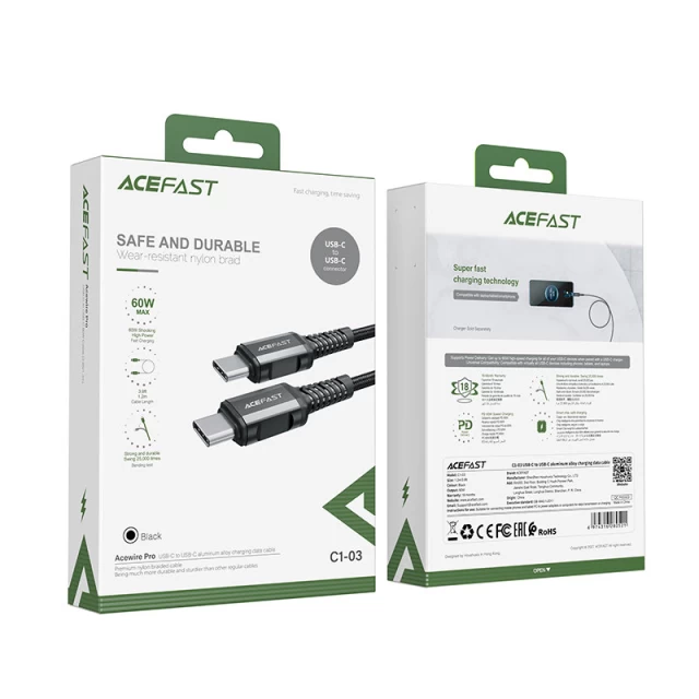 Кабель Acefast USB-C to USB-C 1.2m 60W Black (C1-03 Black)