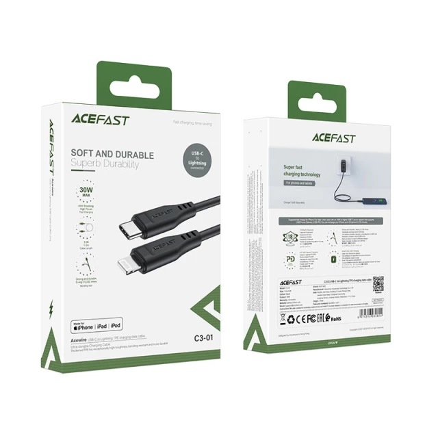 Кабель Acefast MFI USB-C to Lightning 1.2m 30W Black (C3-01 Black)
