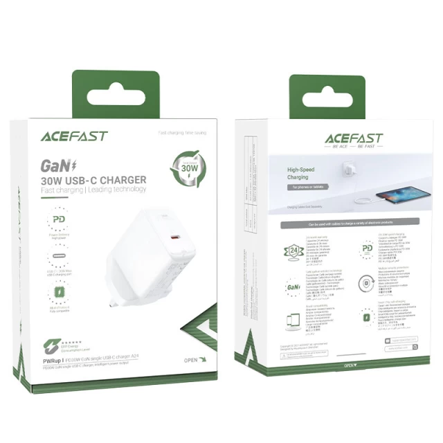 Мережевий зарядний пристрій Acefast A24 QC UK 30W USB-C White (A24 white)