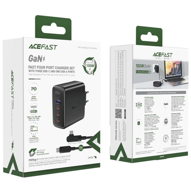 Мережевий зарядний пристрій Acefast A37 100W 3xUSB-C | USB-A with USB-C to USB-C Cable Black (A37 black)