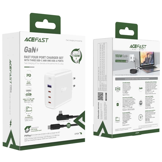 Мережевий зарядний пристрій Acefast A37 100W 3xUSB-C | USB-A with USB-C to USB-C Cable White (A37 white)