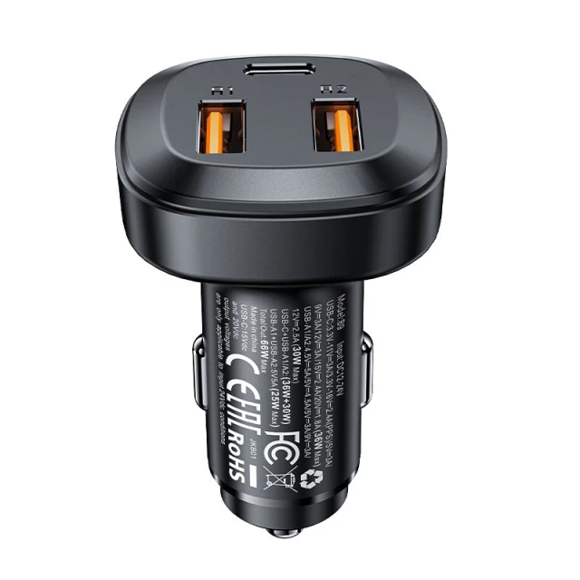 Автомобильное зарядное устройство Acefast B9 Quick Charge 2xUSB-A/USB-C 66W Black (B9 Black)