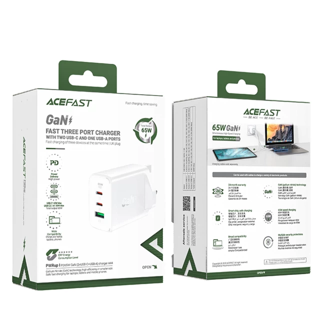Мережевий зарядний пристрій Acefast A44 UK 65W 2xUSB-C | USB-A White (A44-white)