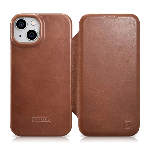 Чехол iCarer CE Oil Wax Premium Leather Folio Case для iPhone 14 Brown with MagSafe (AKI14220705-BN)