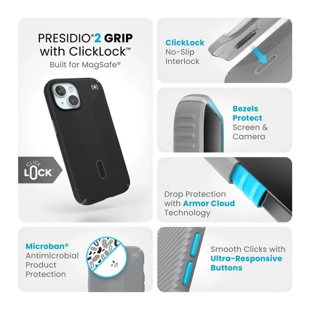 Чохол Speck Presidio2 Grip ClickLock для iPhone 15 | 14 | 13 Black/Slate Grey with MagSafe (150439-3205)