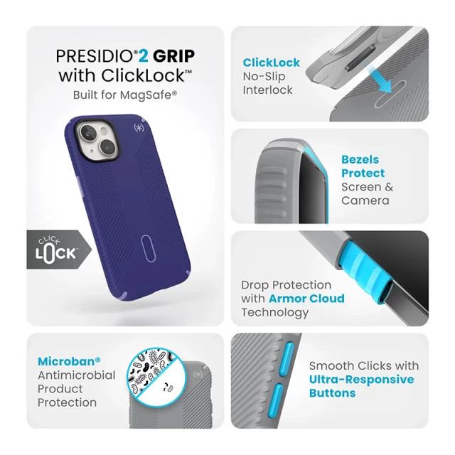 Чехол Speck Presidio2 Grip ClickLock для iPhone 15 | 14 | 13 Future Blue/Purple Ink with MagSafe (150439-3211)