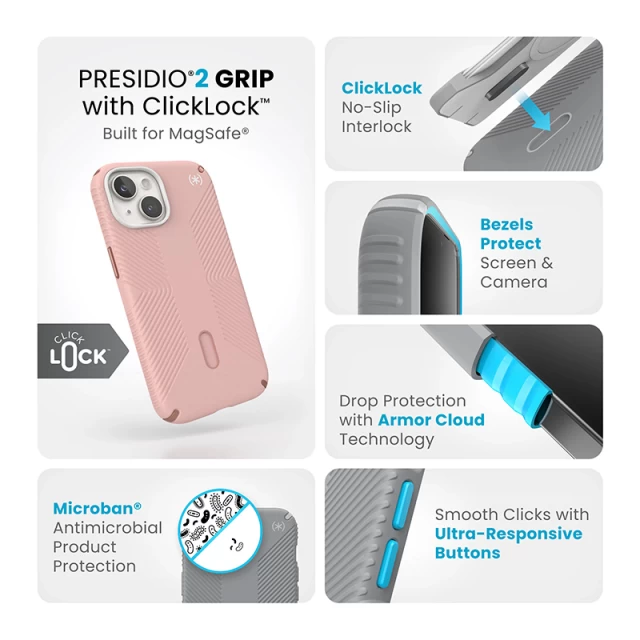 Чохол Speck Presidio2 Grip ClickLock для iPhone 15 | 14 | 13 Dahlia Pink/Rose Copper with MagSafe (150439-3213)