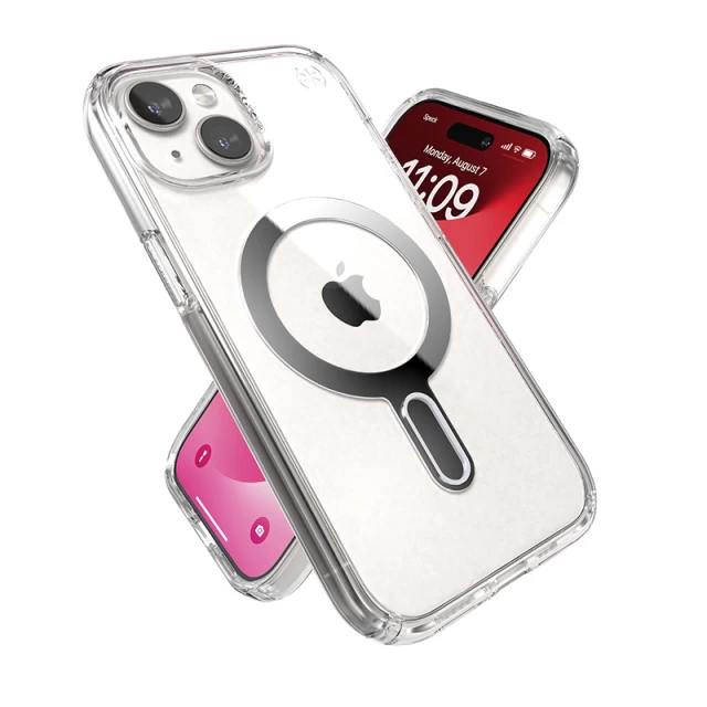 Чохол Speck Presidio Perfect-Clear ClickLock для iPhone 15 | 14 | 13 Clear/Chrome with MagSafe (150441-3199)