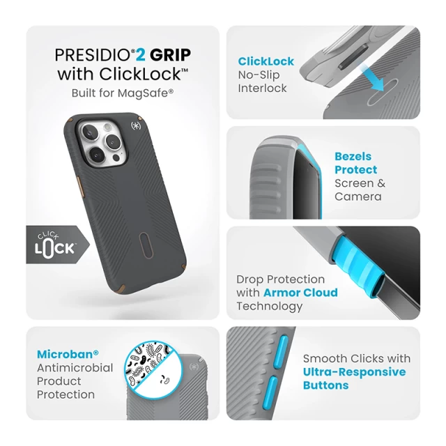 Чехол Speck Presidio2 Grip ClickLock для iPhone 15 Pro Charcoal Grey/Cool Bronze with MagSafe (150447-3212)