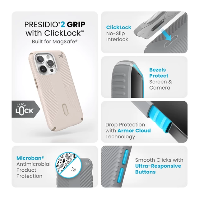 Чехол Speck Presidio2 Grip ClickLock для iPhone 15 Pro Bleached Bone/Heirloom Gold with MagSafe (150447-3214)