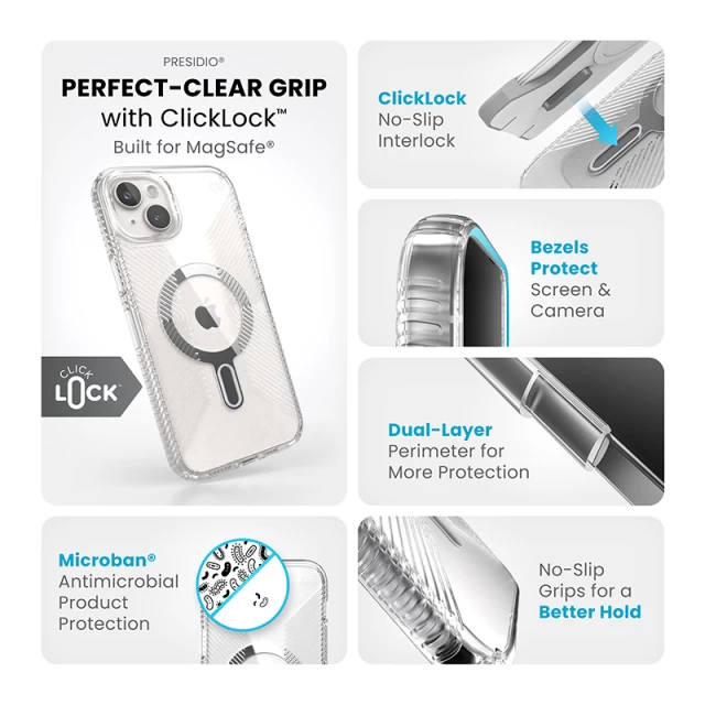 Чехол Speck Presidio Perfect-Clear Grip ClickLock для iPhone 15 Plus | 14 Plus Clear/Chrome with MagSafe (150459-3199)