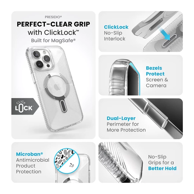 Чохол Speck Presidio Perfect-Clear Grip ClickLock для iPhone 15 Pro Max Clear/Chrome with MagSafe (150467-3199)