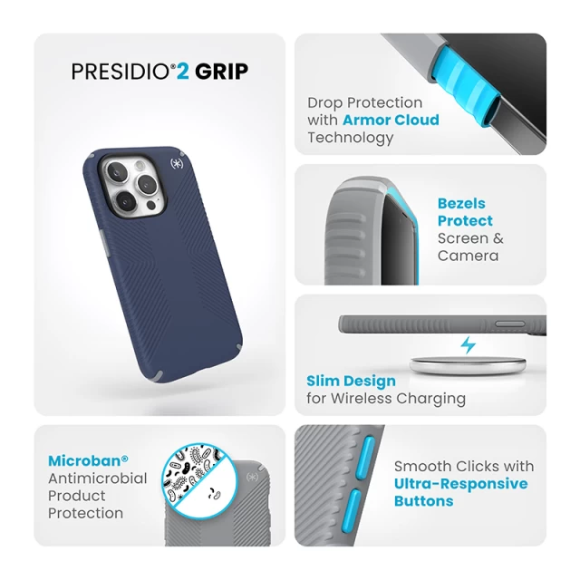 Чехол Speck Presidio2 Grip для iPhone 15 Pro Coastal Blue/Dust Grey (150477-3206)