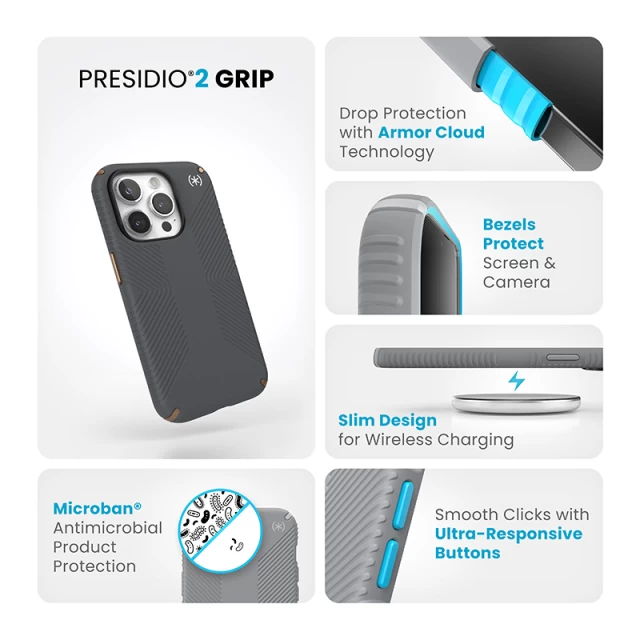Чехол Speck Presidio2 Grip для iPhone 15 Pro Charcoal Grey/Cool Bronze (150477-3212)