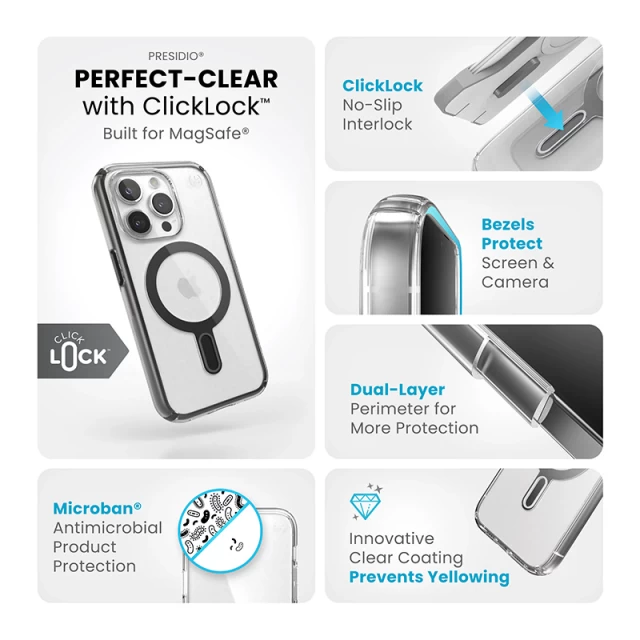 Чехол Speck Presidio Perfect-Clear ClickLock для iPhone 15 Pro Clear/Black with MagSafe (150449-3233)