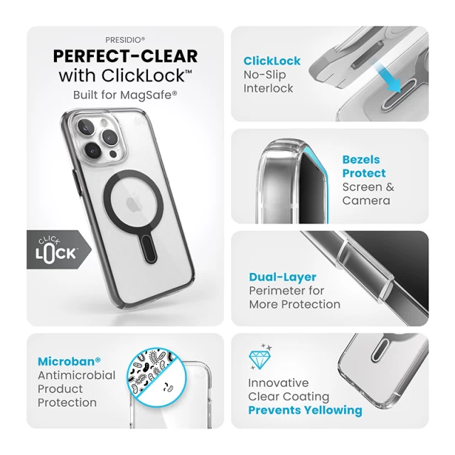 Чохол Speck Presidio Perfect-Clear ClickLock для iPhone 15 Pro Max Clear/Black with MagSafe (150465-3233)