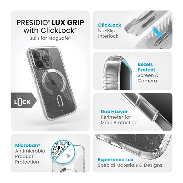 Чохол Speck Presidio Lux Glitter Grip ClickLock для iPhone 15 Pro Clear/Platinum Glitter with MagSafe (150548-3224)