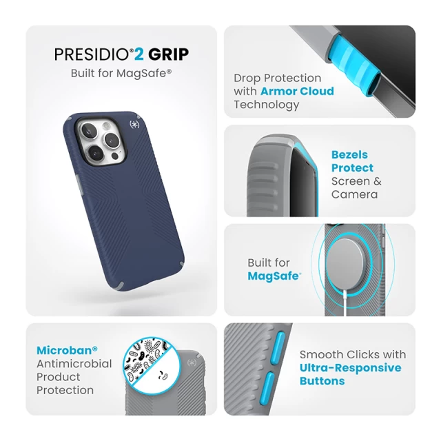Чохол Speck Presidio2 Grip для iPhone 15 Pro Coastal Blue/Dust Grey with MagSafe (150563-3206)