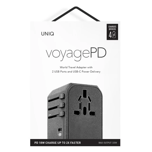 Мережевий зарядний пристрій UNIQ Voyage World QC/PD UK | EU | US | AU | NZ 33W USB-C | 2xUSB-A Charcoal Grey (UNIQ-VOYAGE(PD)-GBLACK)