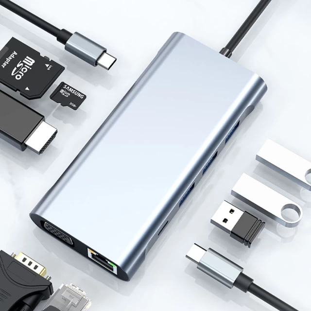 USB-хаб Tech-Protect V7 10-in-1 Grey USB-C - 3xUSB-A/2xUSB-C/HDMI/VGA/Ethernet/SD/TF Grey (9589046922206)