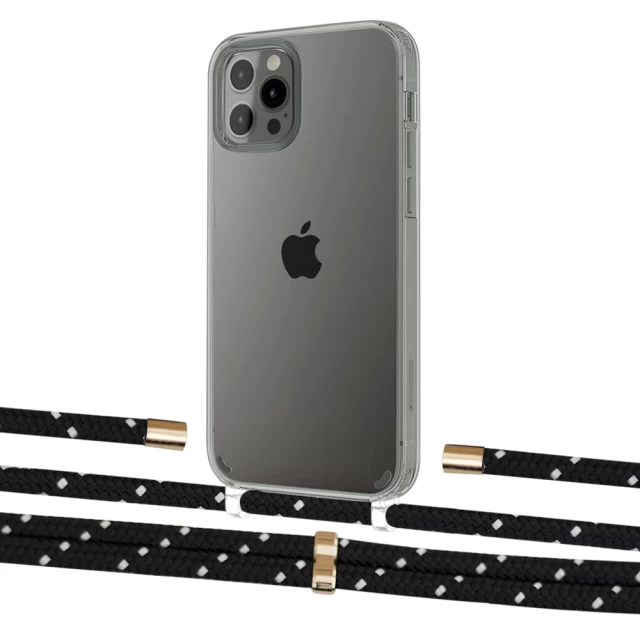 Чехол Upex Crossbody Protection Case для iPhone 12 | 12 Pro Crystal with Aide Black Dots and Cap Gold (UP103365)