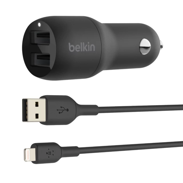 Автомобильное зарядное устройство Belkin Car Charger (24W) Dual USB-A with USB-A to Lightning Cable 1m Black (CCD001BT1MBK)