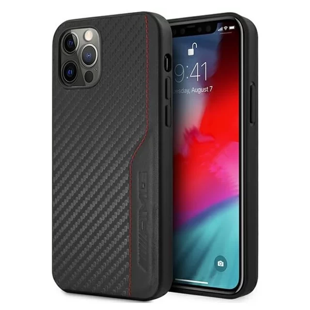 Чохол Mercedes для iPhone 12 | 12 Pro Leather&Carbon Red Stitching Black (AMHCP12MDEBK)