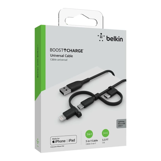 Кабель Belkin 3-in-1 Boost Charge USB-A to Lightning/USB-С/microUSB 1m Black (CAC001BT1MBK)