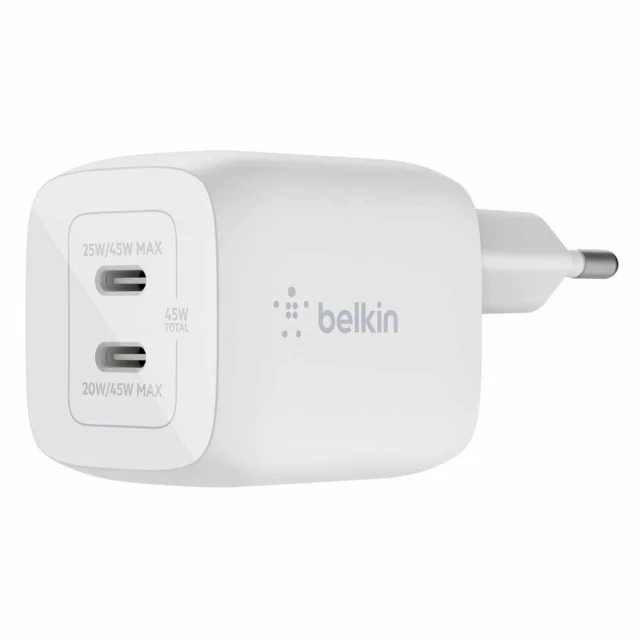 Мережевий зарядний пристрій Belkin PD 45W 2xUSB-C White (WCH011VFWH)