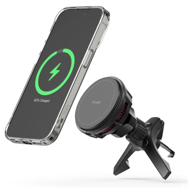 Автотримач з функцією бездротової зарядки Ringke Peltier Magnetic Vent Car Mount Wireless Charger Black with MagSafe (8809919305044)