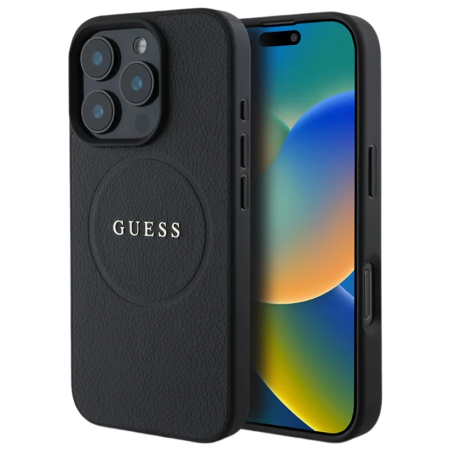 Чохол Guess Grained Gold Ring для iPhone 16 Pro Black with MagSafe (GUHMP16LPGHSMMK)