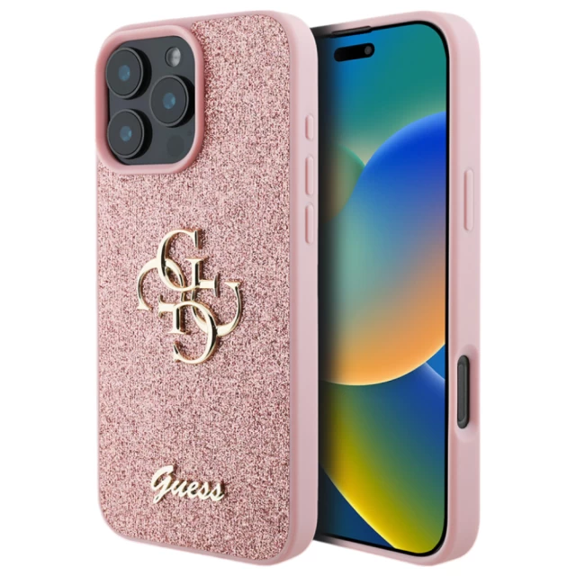 Чехол Guess Glitter Script Big 4G для iPhone 16 Pro Max Pink (GUHCP16XHG4SGP)