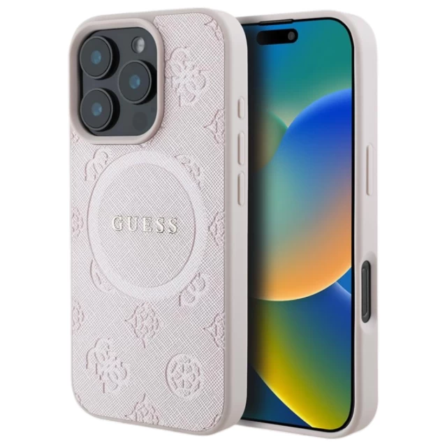 Чохол Guess Saffiano Peony Classic Logo для iPhone 16 Pro Pink with MagSafe (GUHMP16LPSAPSMEP)