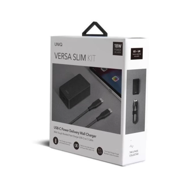 Сетевое зарядное устройство UNIQ Versa Slim PD 18W USB-C with USB-C to USB-C Cable 1.2m Charcoal Black (UNIQ-VERSASLBUN(EU)-BLK)