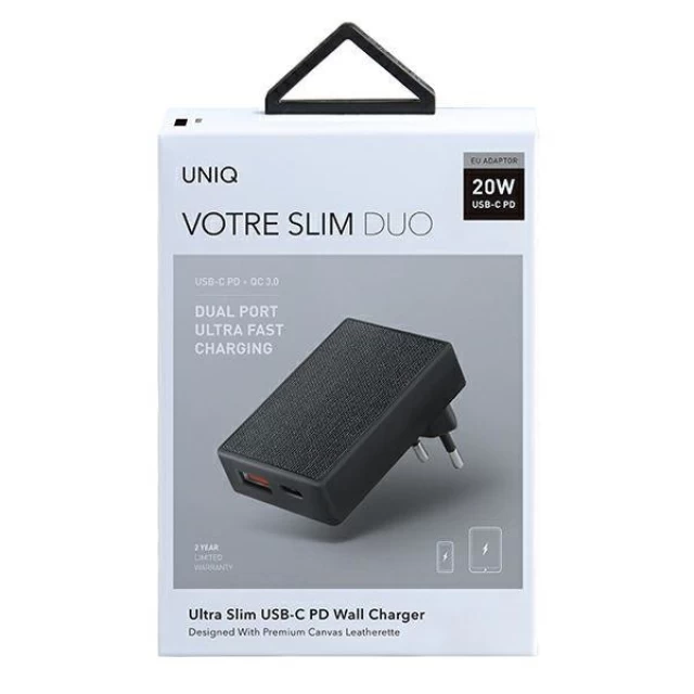 Сетевое зарядное устройство UNIQ Votre Slim Duo 20W USB-C | USB-A Charcoal Black (UNIQ-VOTRESLDUO(EU)-BLK)